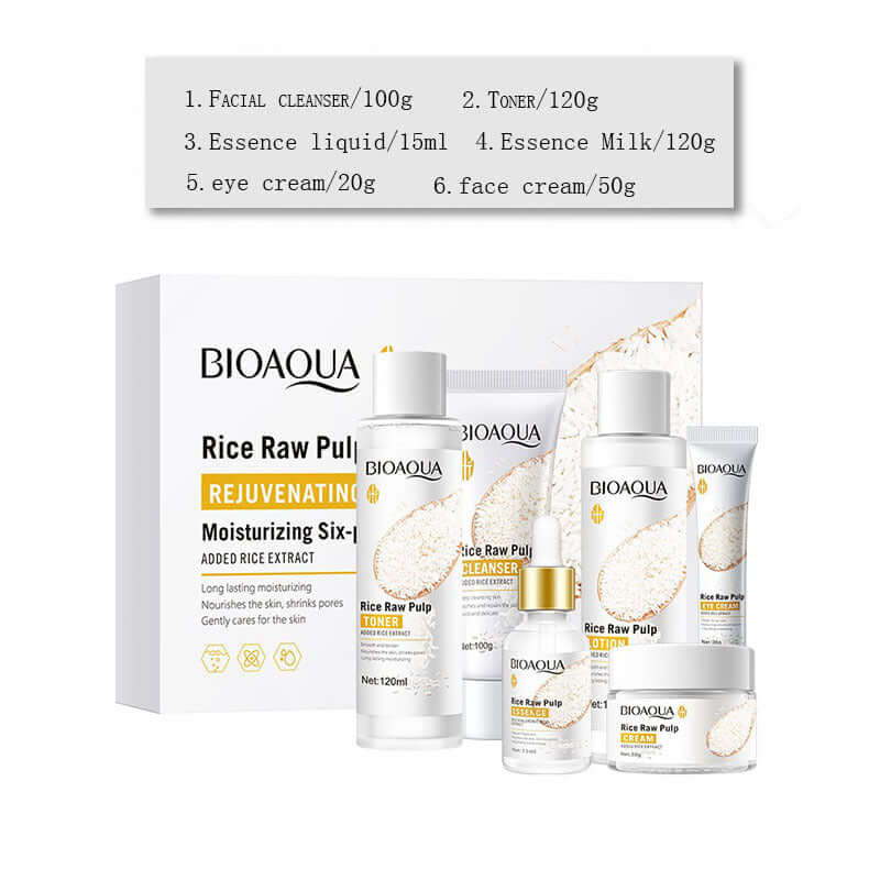 Bioaqua Rice Raw Pulp six-piece skin care set includes cleanser, toner, essence, eye cream, and face cream for rejuvenation.
