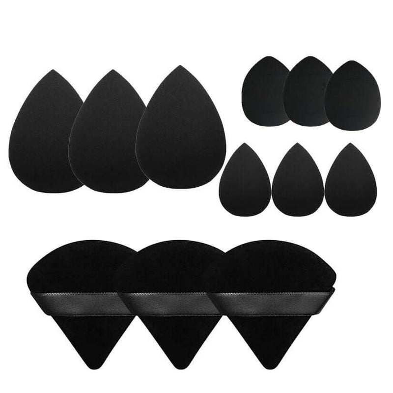 Black cosmetic beauty eggs and puffs set for face wash and makeup application, ideal for skin care routines.