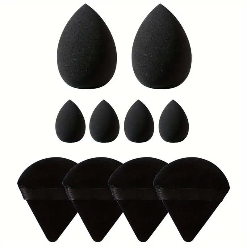 Black cosmetic sponges set including teardrop and triangular shapes for precise makeup application.