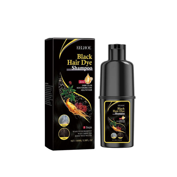 Black Hair Dye Shampoo by EELJHOE, 100ml, featuring ginseng and herbal extracts for vibrant, healthy hair.