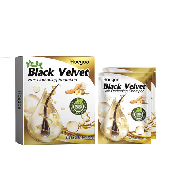 Black Velvet Hair Darkening Shampoo packaging featuring ginseng and natural extracts, suitable for enhancing dark hair.