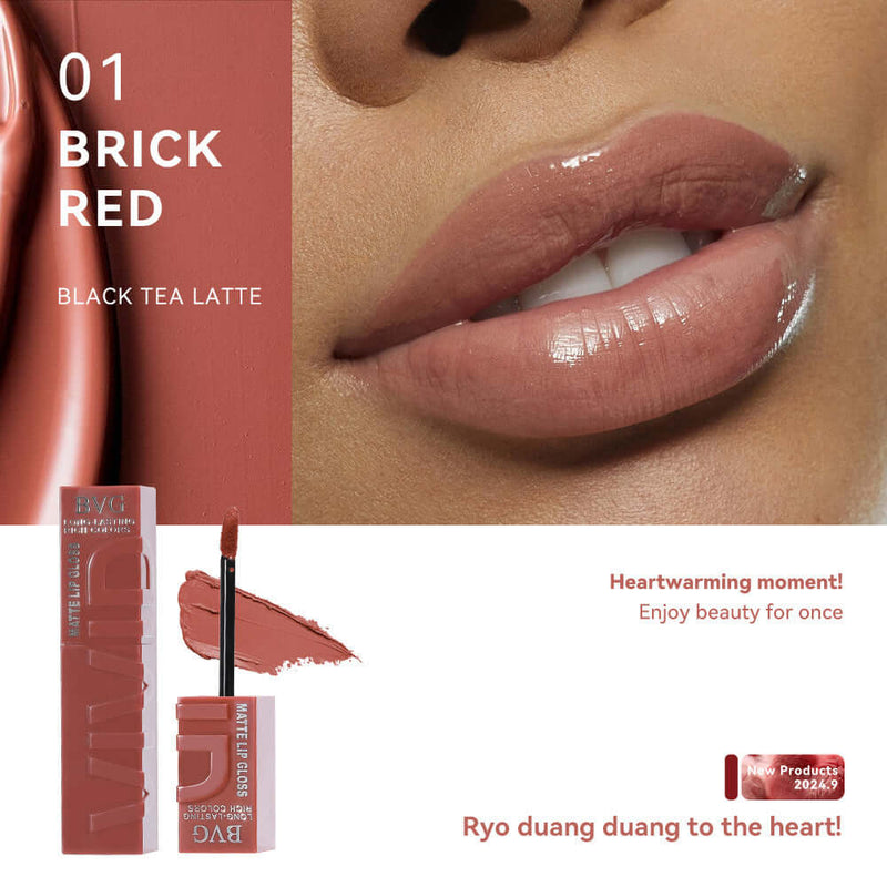 Matte finish lip lacquer in Brick Red shade, showcasing glossy lips and product packaging for moisturizing lip gloss.