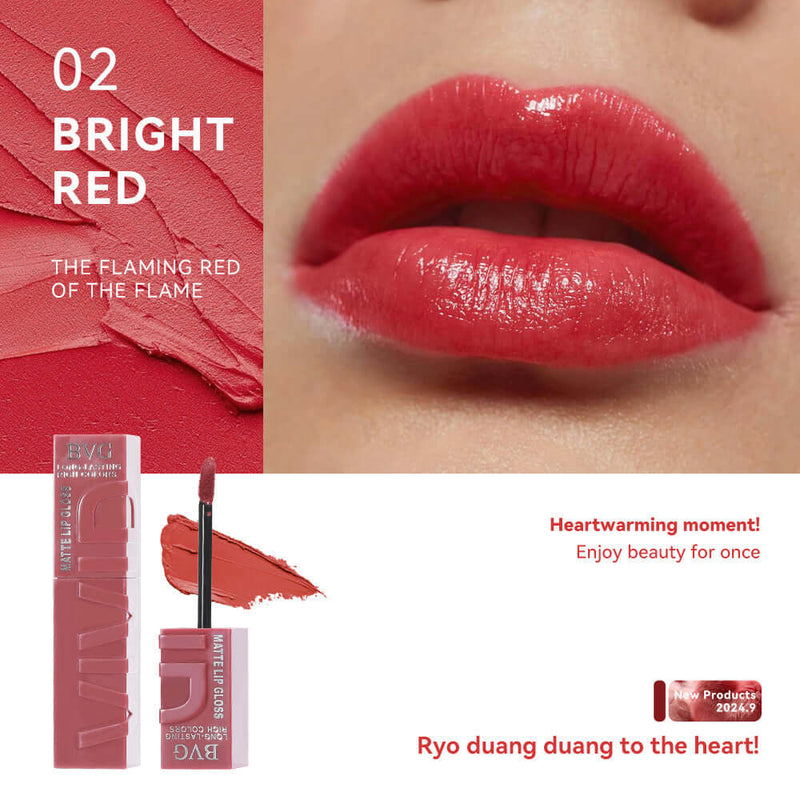 Bright red lip lacquer in matte finish, showcasing vibrant, non-fading color and moisturizing formula for lasting wear.