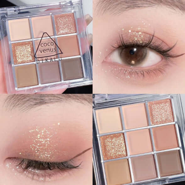 Transparent nine-color eye shadow palette with sparkly finishes and swatches on model's eyes.