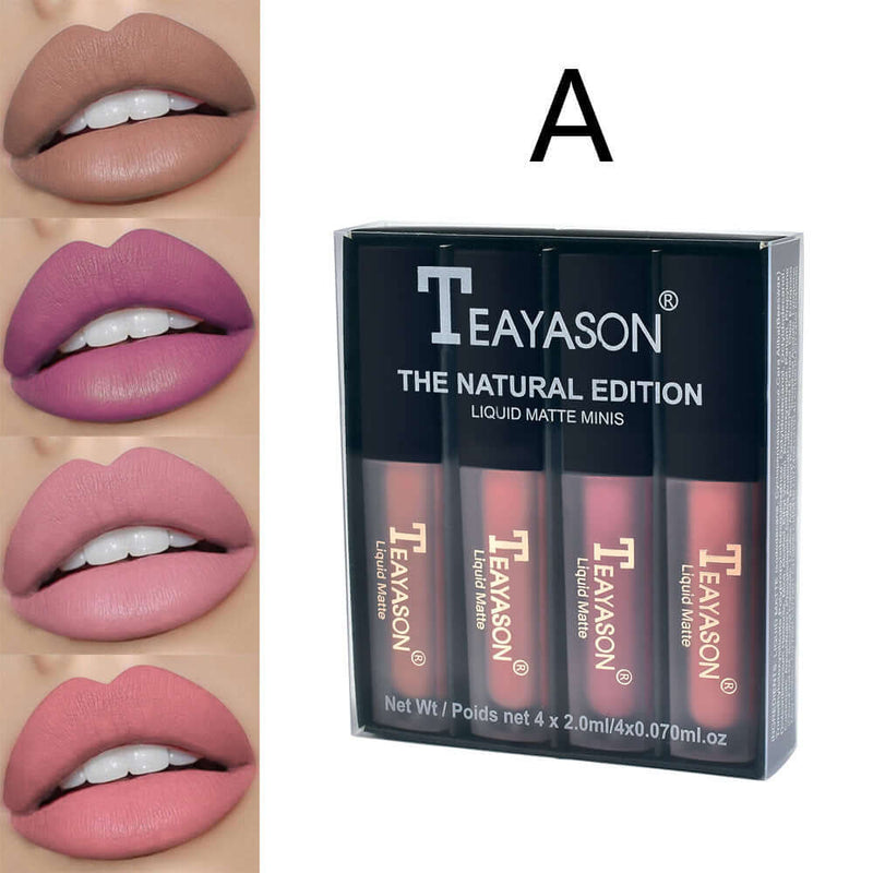 Lip Gloss Set of Four Liquid Matte, featuring shades A, B, C for versatile and stylish lip looks.