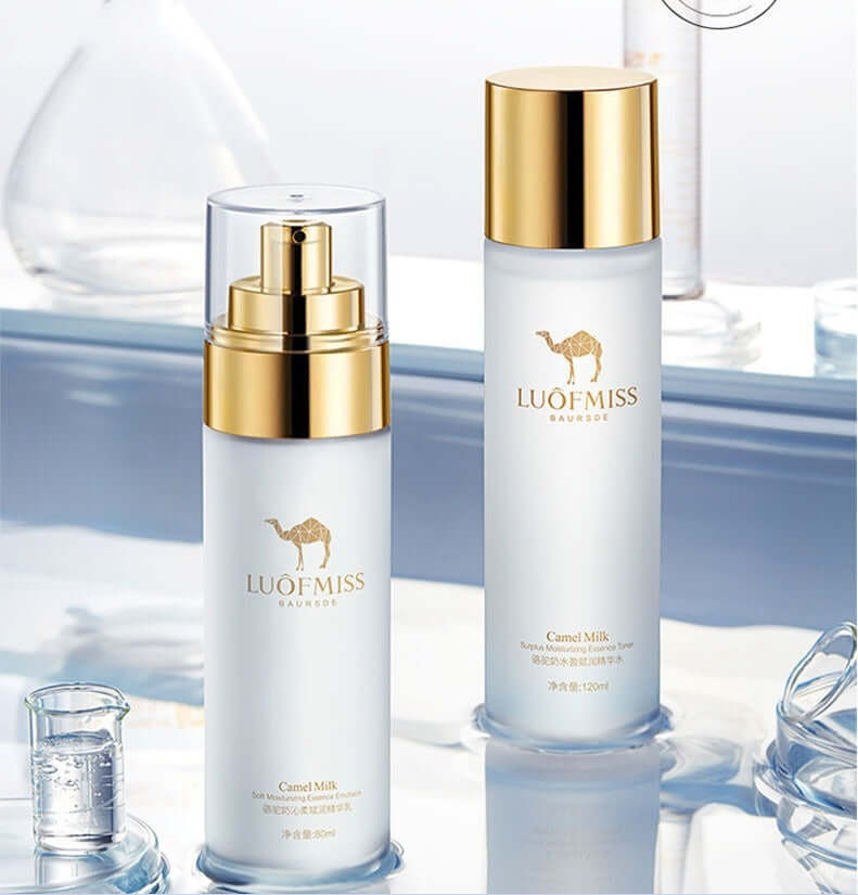 Camel Milk Moisturizing Set with gold accents, includes face lotion and cream in sleek bottles for skin hydration.
