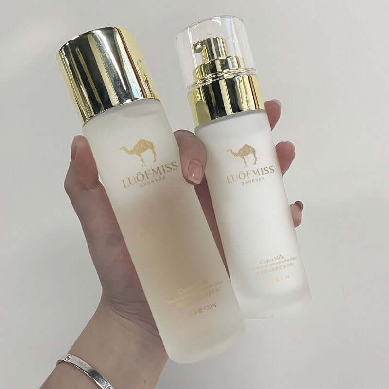 Camel milk moisturizing set including lotion and face cream, ideal for all skin types, enhancing hydration and rejuvenation.