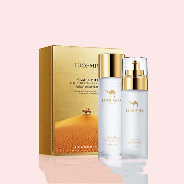Camel Milk Moisturizing Set packaging with lotion and face cream, ideal for hydration and rejuvenation in skincare.