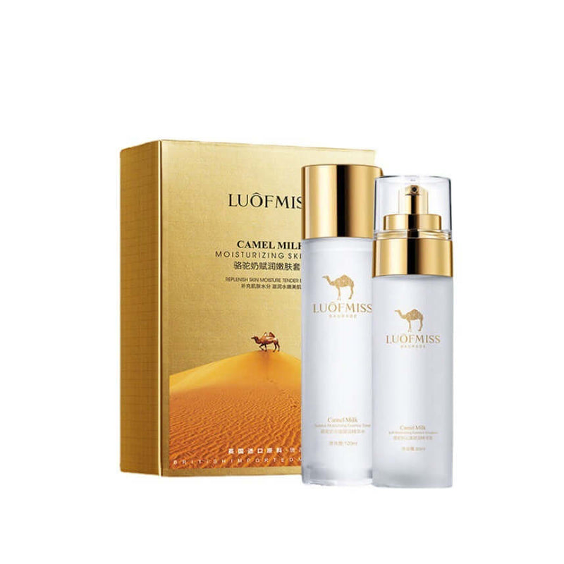 Camel Milk Moisturizing Set with face cream and lotion for skin hydration and rejuvenation in elegant packaging.