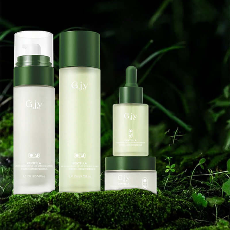 Centella Asiatica Hydrating Skin Care Set for all skin types in natural setting with green packaging.
