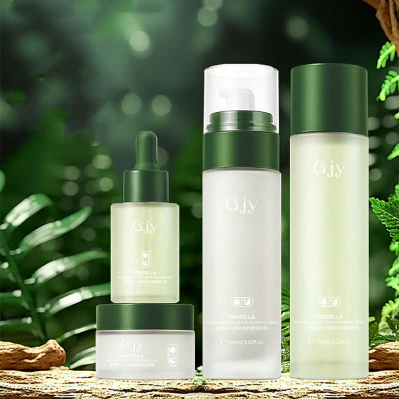 Centella Asiatica Hydrating Skin Care Set on a natural backdrop, featuring various skincare products for all skin types.