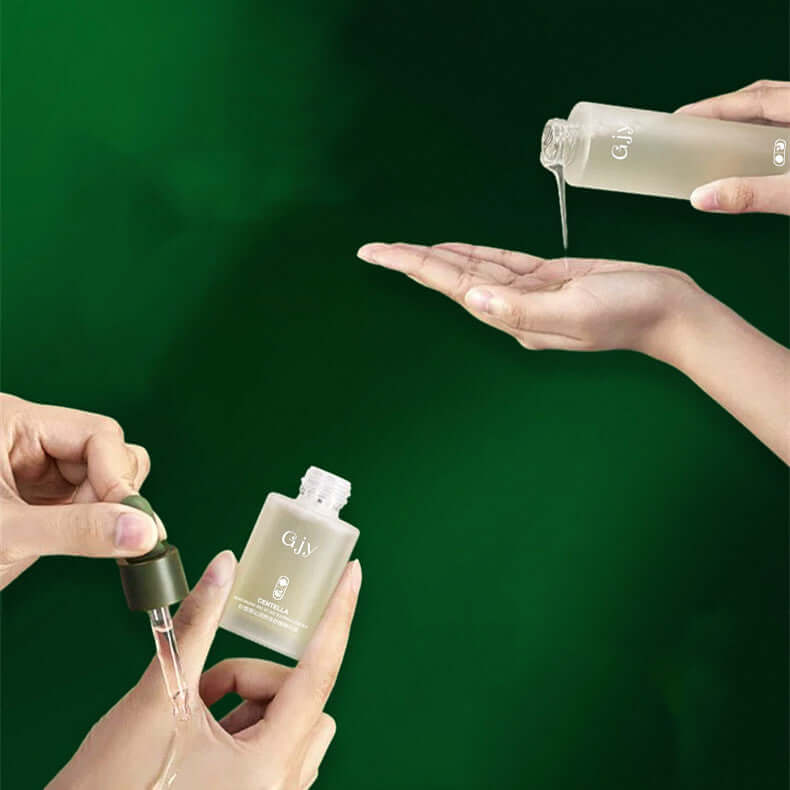 Centella Asiatica Hydrating Skin Care Set featuring product application on hands with green background.