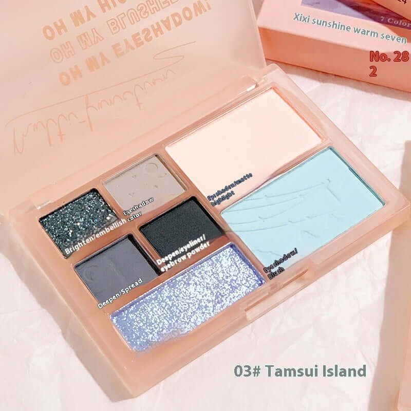 Seven-color eye shadow palette featuring matte and glitter shades for versatile makeup looks, labeled 03# Tamsui Island.