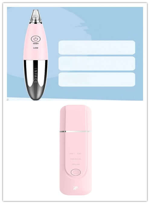 Cleansing instruments set for skin care featuring a pink vacuum suction device and a moisturizing spray.