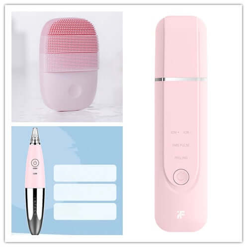 Cleansing instruments set for skin care featuring pink facial scrubber and peeling device.