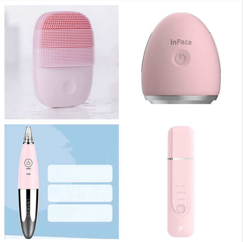 Cleansing instruments set for skin care featuring pink facial brush, inFace device, and other skincare tools.