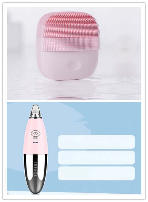 Cleansing instruments set for skin care, featuring a pink sonic brush and a facial vacuum device.