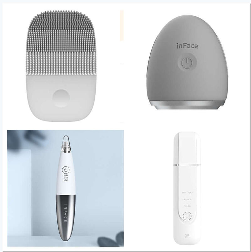 Cleansing instruments set for skin care including silicone facial brush, acne extractor, and sonic facial devices.