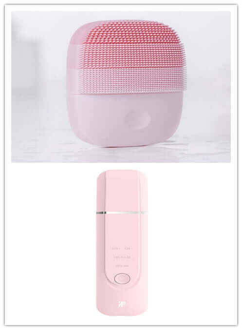 Pink cleansing instrument set for skin care featuring a silicone facial brush and a portable mist sprayer.