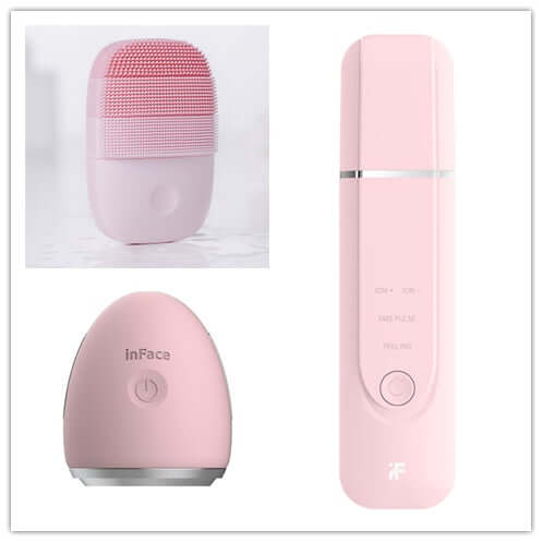 Cleansing instruments set for skin care featuring three pink devices for effective facial cleaning and rejuvenation.