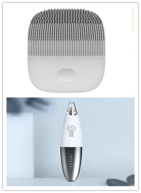 Cleansing instruments set for skin care featuring a silicone facial brush and facial vacuum tool.
