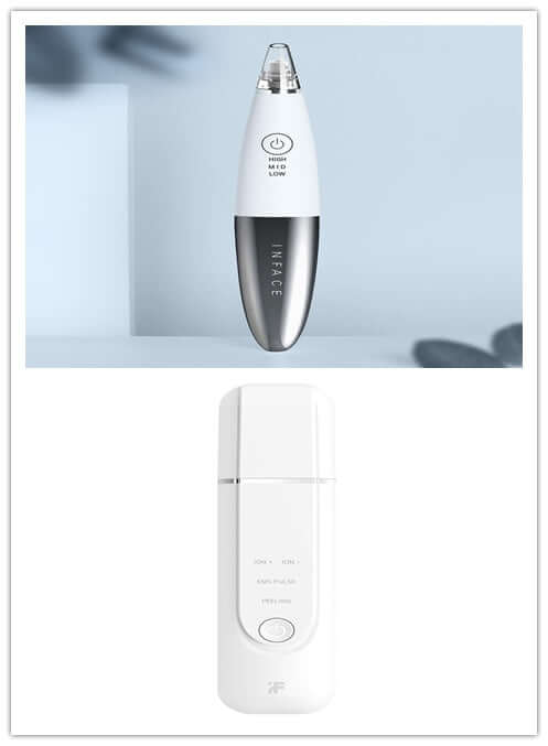 Cleansing instruments set featuring a high-tech skincare device and a portable mist sprayer for effective skin care.
