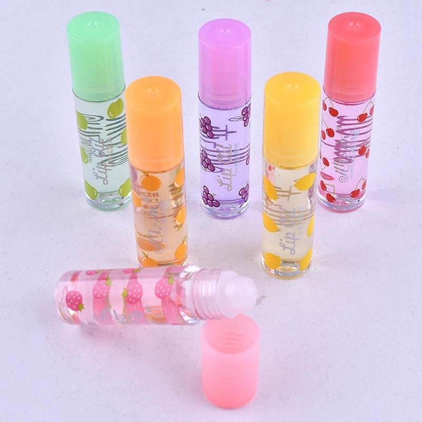 Colorful transparent lip glosses in various fruity flavors for moisturizing and hydration.