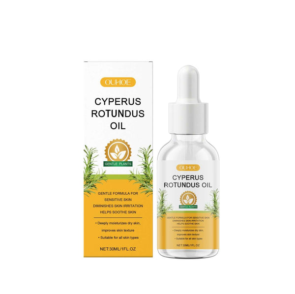 Cyperus Rotundus Oil bottle and box packaging, a gentle formula for soothing and moisturizing sensitive skin.