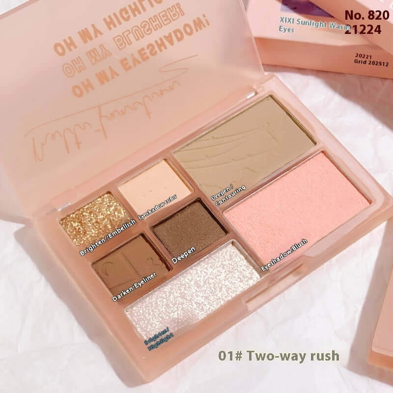 Flat lay of a Seven-color eye shadow palette featuring matte and glitter shades, perfect for everyday makeup.