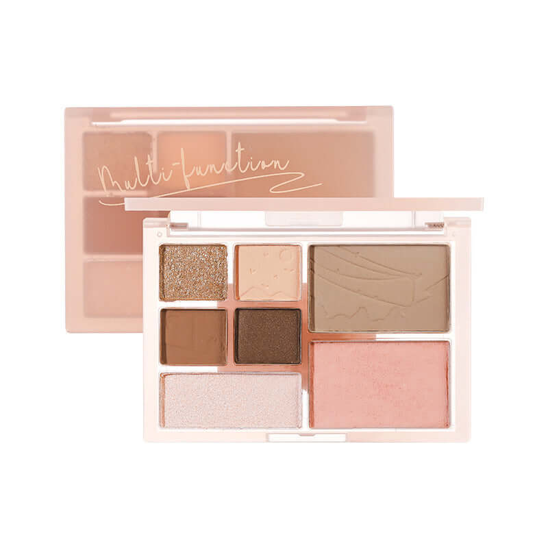 Multifunction matte and glitter eye shadow palette featuring pink, brown, and neutral shades for daily makeup.