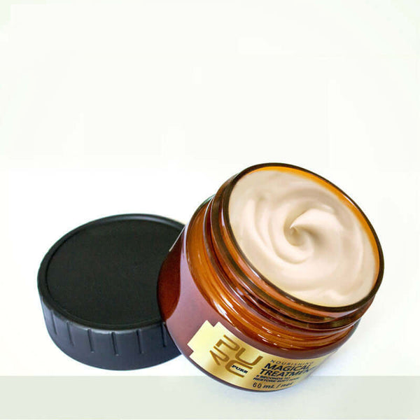 Deep Moisturizing Hair Mask in amber jar, rich creamy texture for nourishing and hydrating hair treatment.