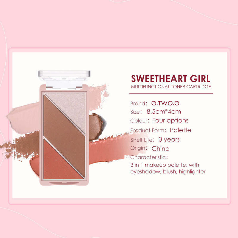 Multifunctional 3-in-1 makeup palette with eyeshadow, blush, highlighter from O.TWO.O, size 8.5cm x 4cm.