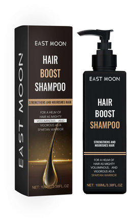 East Moon Hair Boost Shampoo bottle and box packaging, designed to strengthen and nourish hair for volume and vigor.