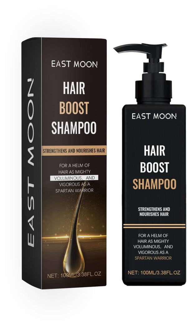 East Moon Hair Boost Shampoo bottle and box packaging, designed to strengthen and nourish hair for volume and vigor.