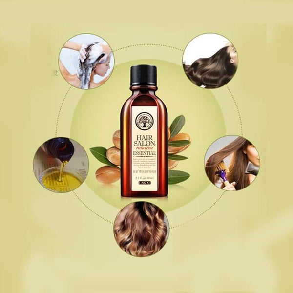Essential oils for hair with nourishing benefits, featuring a bottle surrounded by images of healthy hair and natural ingredients.