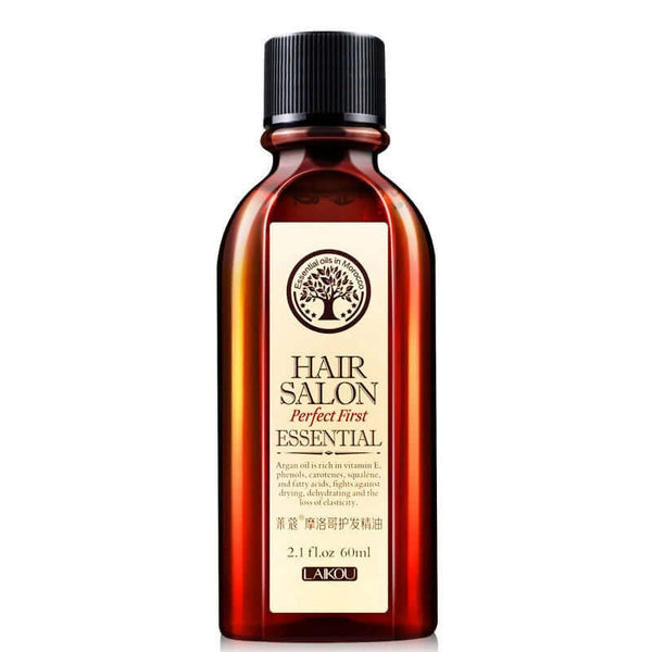 Essential oil hair product in amber bottle, ideal for nourishing and enhancing hair health and shine.