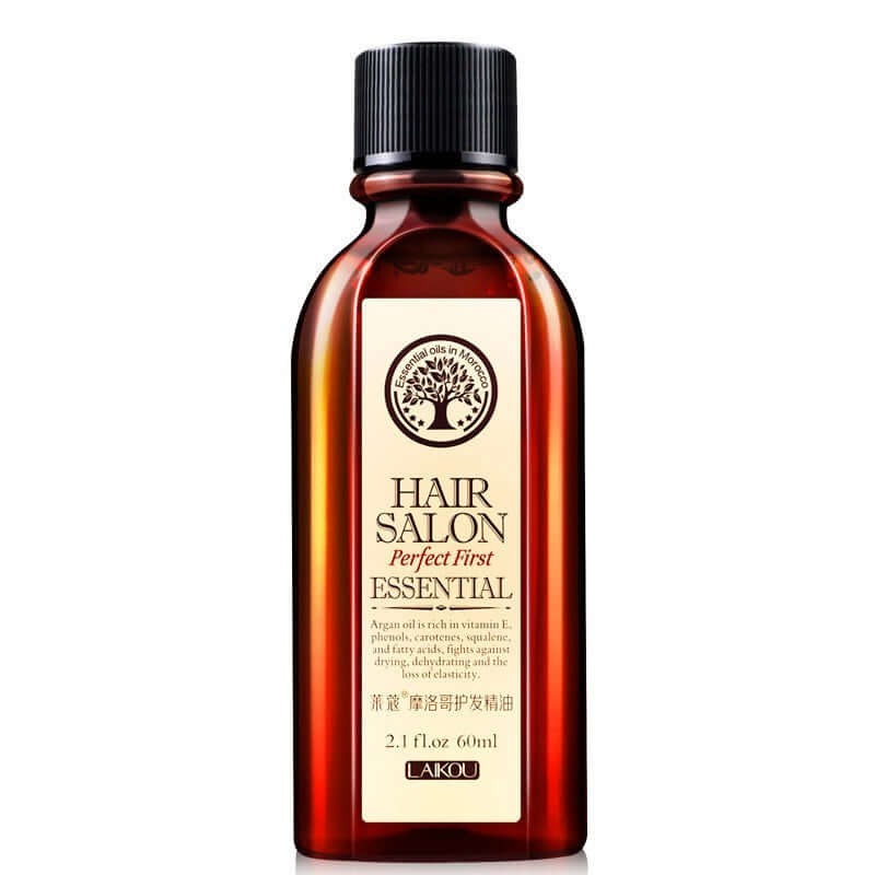 Essential oil hair product in amber bottle, ideal for nourishing and enhancing hair health and shine.
