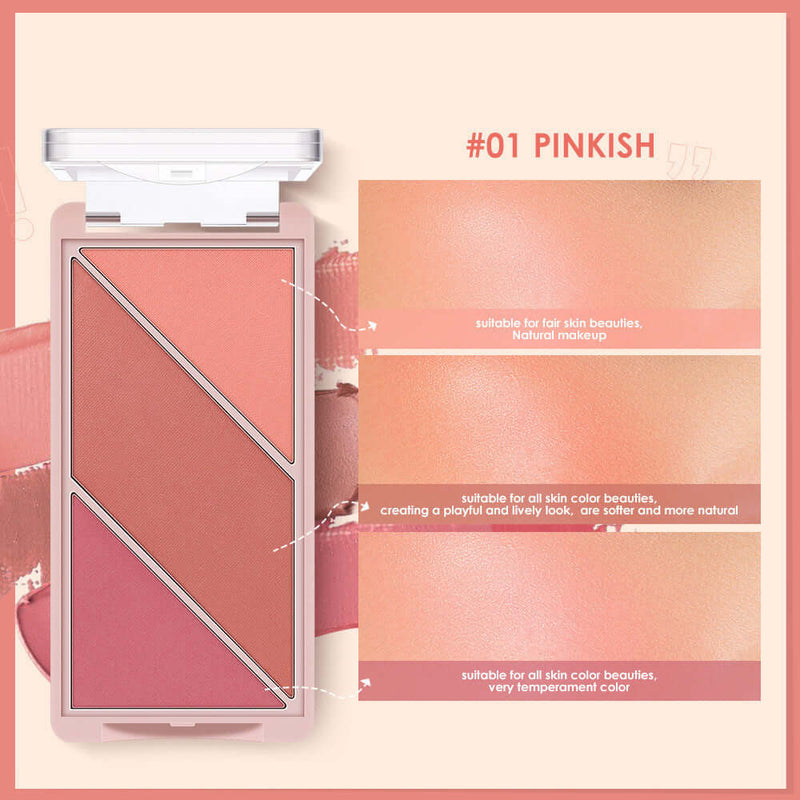 Multifunctional 3-in-1 contouring palette in Pinkish, showcasing blush, highlighter, and eyeshadow swatches.