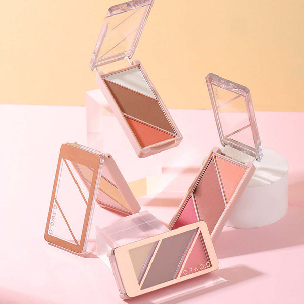 Multifunctional Shadow Highlighter Blush 3-in-1 Contouring Palette in four shades, perfect for makeup versatility.