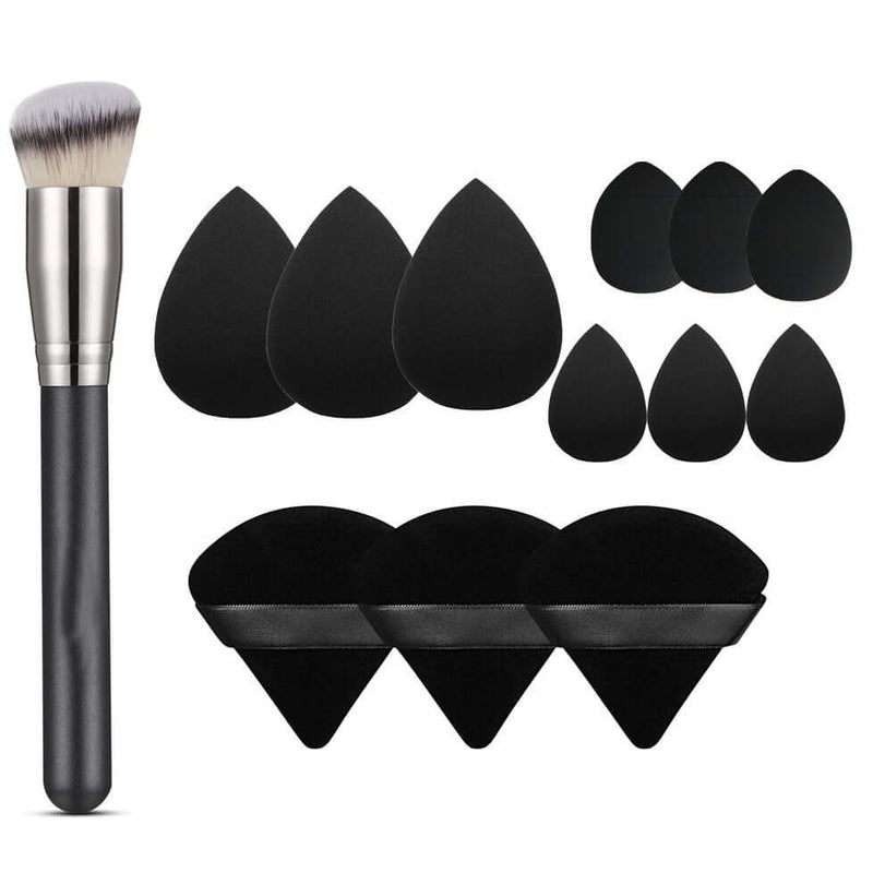 12-piece black cosmetic egg makeup set with foundation brush and beauty sponges for perfect face wash and skin care.