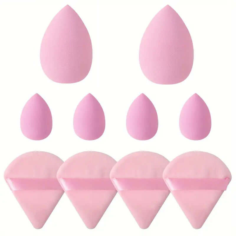 12-piece pink cosmetic egg makeup set including various beauty sponges for face wash and skin care.