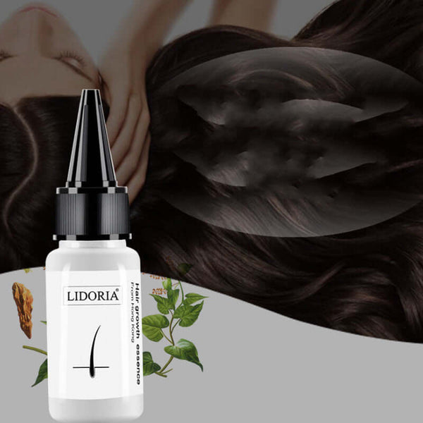Fast Hair Grow Oil bottle next to silky, healthy hair promoting hair growth and nourishment.
