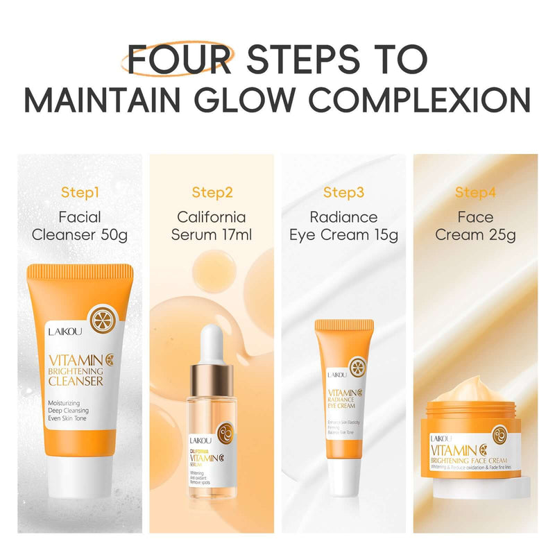 Image displaying four steps to maintain a glowing complexion with Vitamin C products: cleanser, serum, eye cream, and face cream.