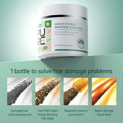 PURC Green Energy Boosting Hair Mask in a jar, designed to repair damaged hair and enhance smoothness, with 50ml of treatment.