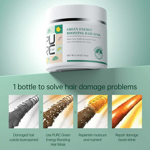 PURC Green Energy Boosting Hair Mask in a jar, designed to repair damaged hair and enhance smoothness, with 50ml of treatment.