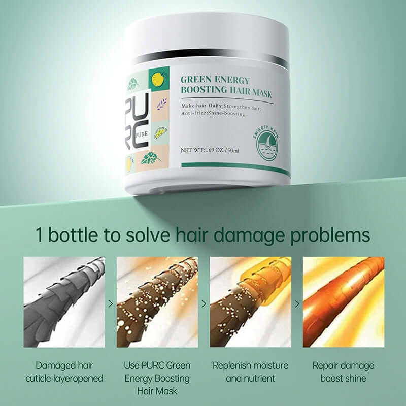 PURC Green Energy Boosting Hair Mask in a jar, designed to repair damaged hair and enhance smoothness, with 50ml of treatment.
