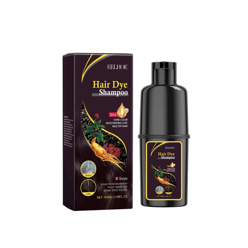 Hair Dye Shampoo in black packaging, featuring ginseng and natural ingredients for vibrant, healthy hair.