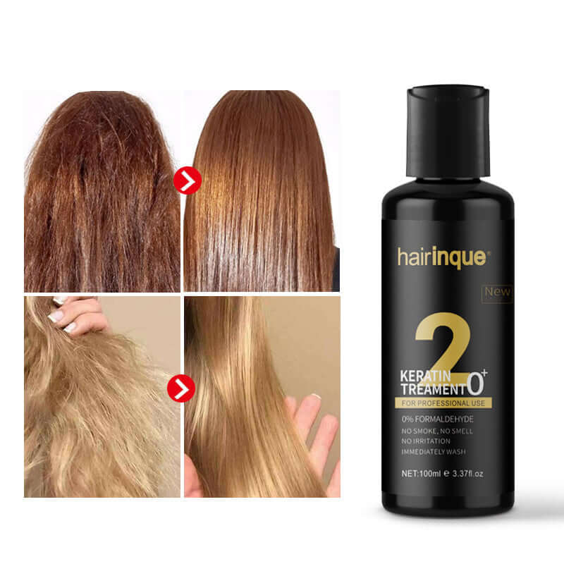 Before and after results of Hairinque Keratin Treatment 0+ for smooth and shiny hair, with product bottle on display.
