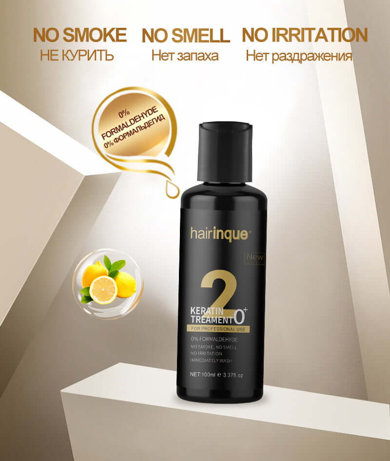 Hairinque Keratin Treatment bottle, highlighting no smoke, no smell, and no irritation features.