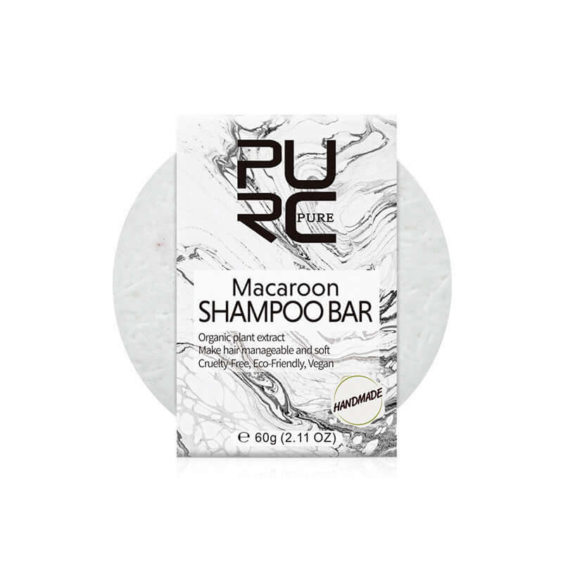 Macaroon shampoo bar with organic plant extract for manageable, soft hair. Eco-friendly and cruelty-free, 60g.